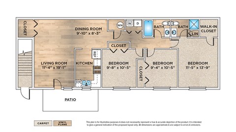 Floor plan for 3 beds, 2 baths, 1190 sqft